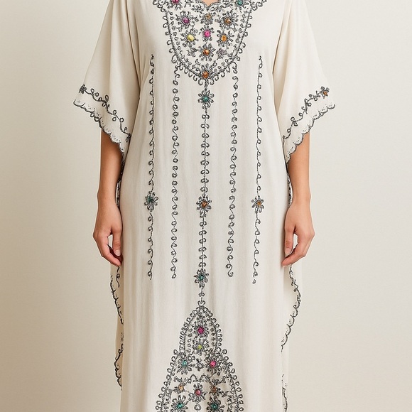 I don’t know Dresses & Skirts - Embellished White Kaftan Dress – One Size – Beaded & Embroidered